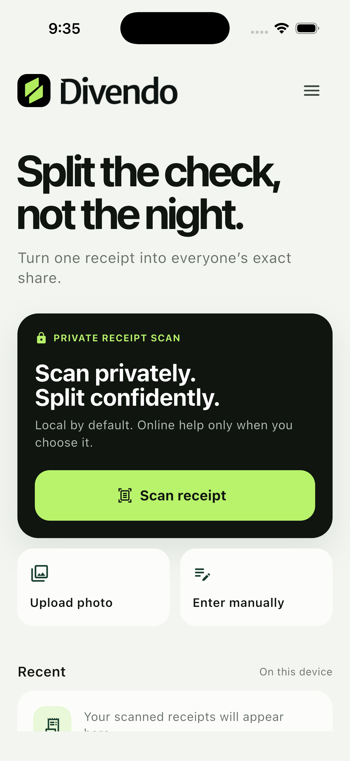 Divendo on iPhone, showing private receipt scanning and manual entry options